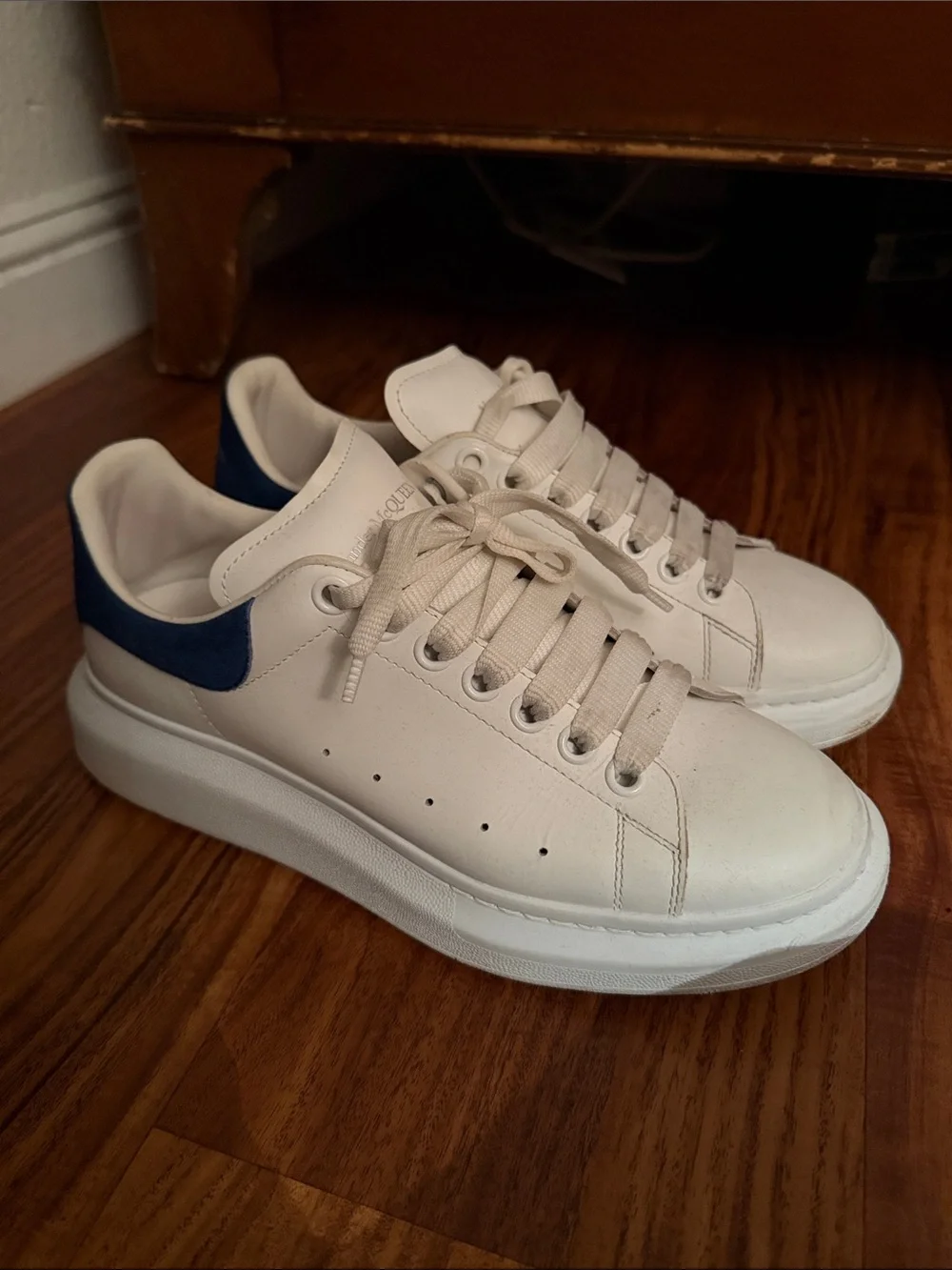 Alexander McQueen White Leather Sneakers with Blue Heel Tab